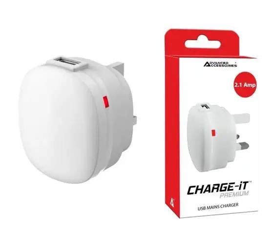 Advanced Accessories Charge-iT Premium USB Mains Charger Adapter 2.1Amp-white Advanced Accessories