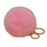 Pink fluffy keychain with a gold ring on a white background