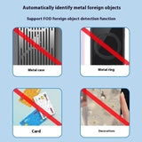 Illustrations of metal foreign objects and their detection by a device on a blue background.