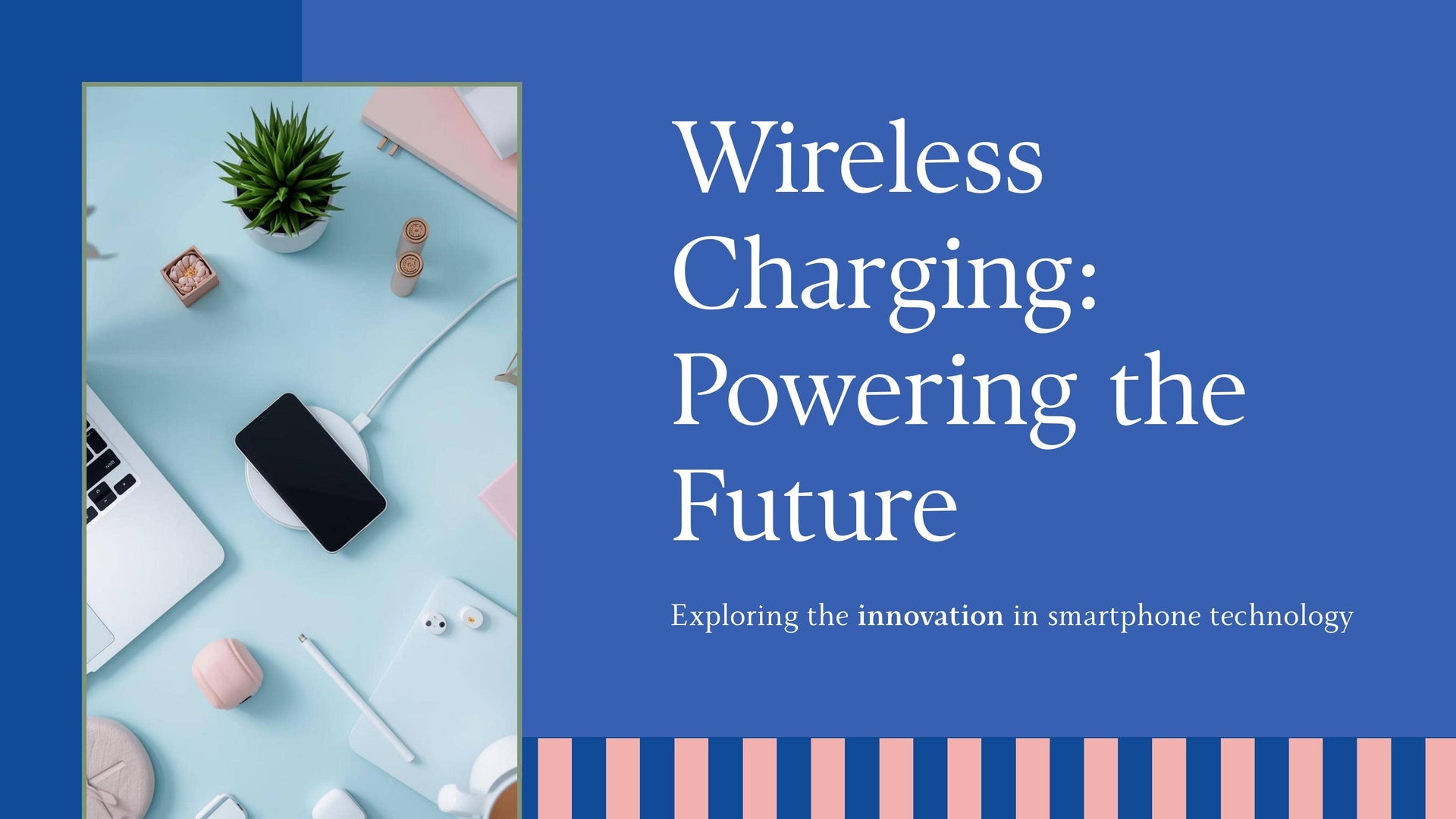 Promotional graphic about wireless charging with a smartphone, laptop, and decorative items on a blue background.