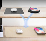 Two views of a desk setup with a mouse and smartphone on wireless charging pads.