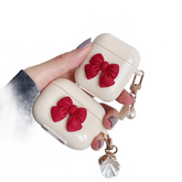 Beige Red Bow Shell Pendant Wireless Earphone Case Charge Hub X