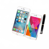 Wooden charging station with smartphone, smartwatch, and stylus on a white background