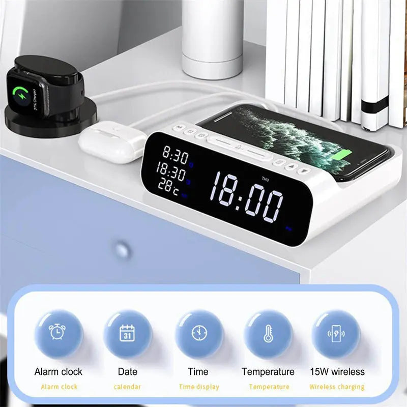 15W Three-in-one Wireless Charger Temperature Tester Multi Alarm Clock Fast Charging Mobile Phone Usb Charger Charging Station Charge Hub X