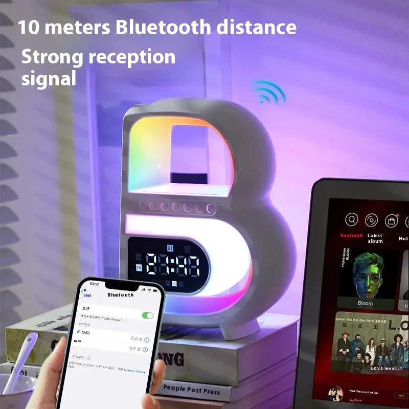 2024 New B-Shaped Blutooth Speaker Multifunctional Smart Music Rhythm Lighting Phone Wireless Charger TF Card AUX Input Standard Mode Charge Hub X