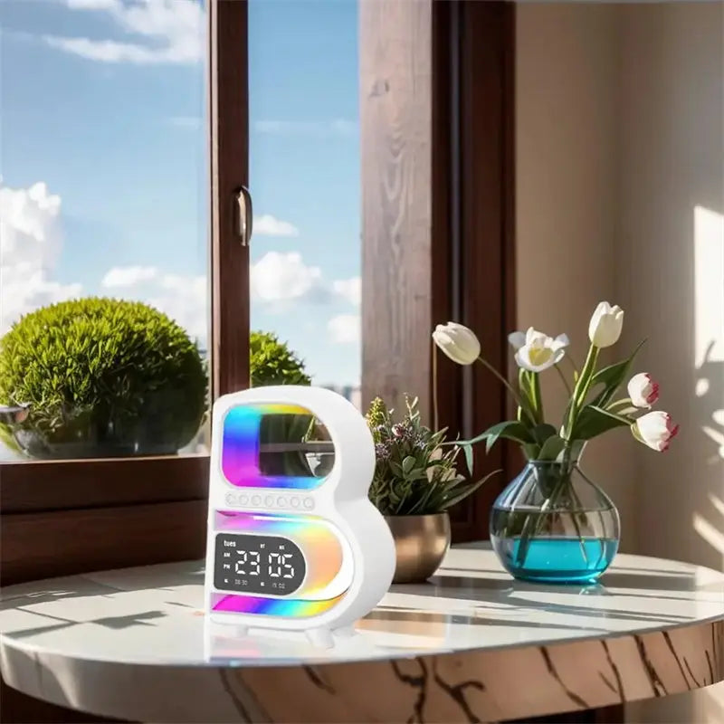 2024 New B-Shaped Blutooth Speaker Multifunctional Smart Music Rhythm Lighting Phone Wireless Charger TF Card AUX Input Standard Mode Charge Hub X