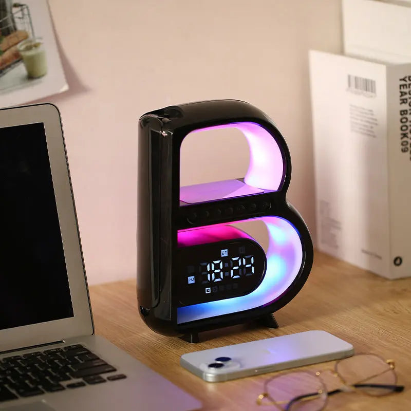 2024 New B-Shaped Blutooth Speaker Multifunctional Smart Music Rhythm Lighting Phone Wireless Charger TF Card AUX Input Standard Mode Charge Hub X