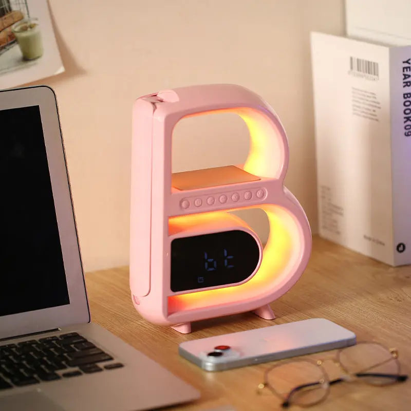 2024 New B-Shaped Blutooth Speaker Multifunctional Smart Music Rhythm Lighting Phone Wireless Charger TF Card AUX Input Standard Mode Charge Hub X