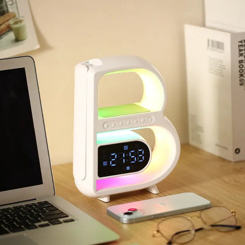 2024 New B-Shaped Blutooth Speaker Multifunctional Smart Music Rhythm Lighting Phone Wireless Charger TF Card AUX Input Standard Mode Charge Hub X