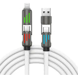 White charging cable with multiple connector heads on a white background