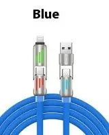 Blue cable with USB connector and electronic device on a white background