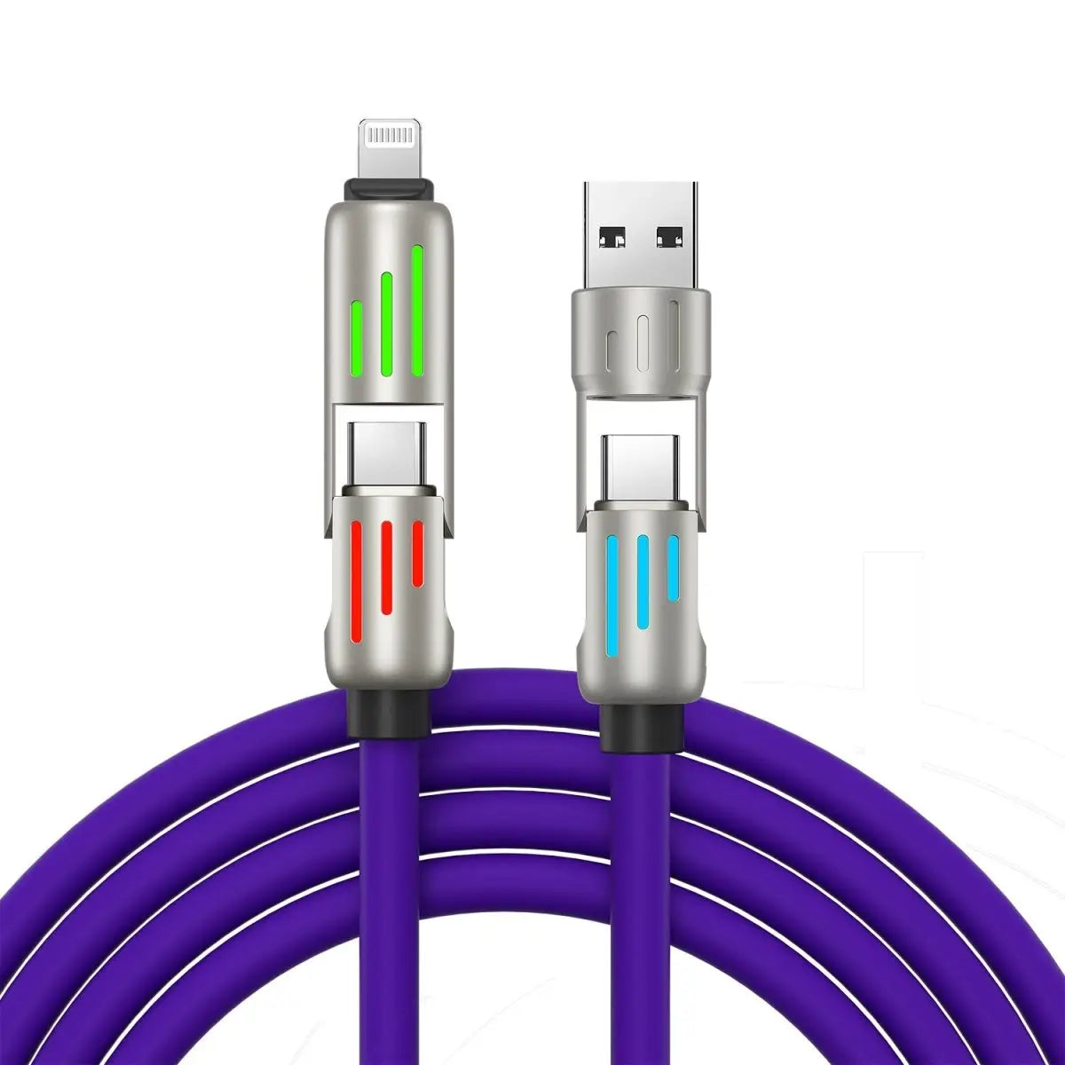 Purple cable with metallic connectors on a white background