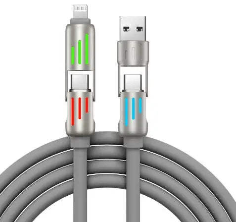 Gray cable with USB and Lightning connectors on a white background