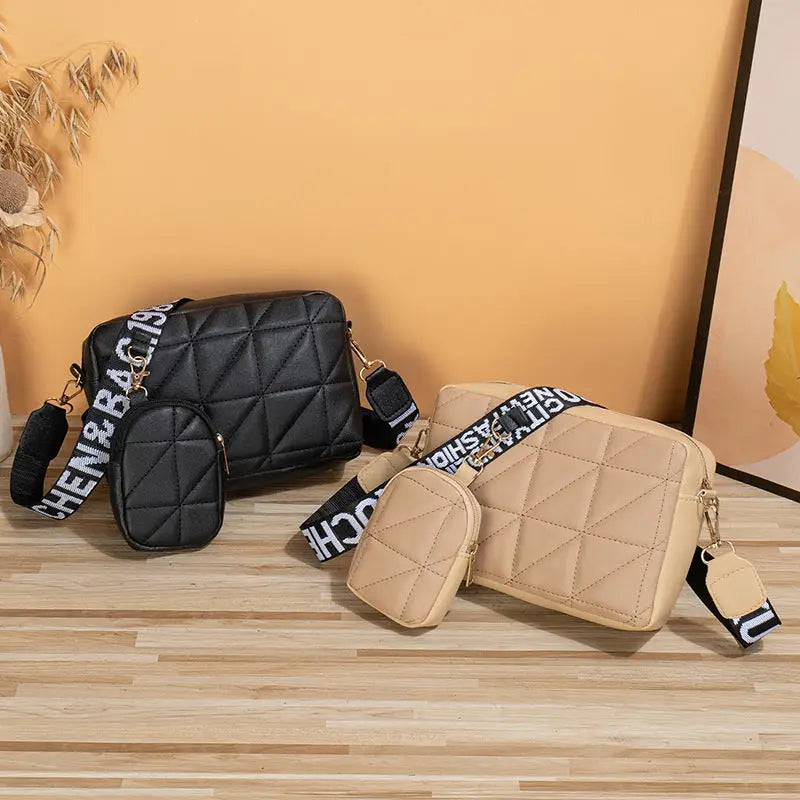 2Pcs Rhombus Shoulder Bag With Wallet Letter Print Wide Shoulder Strap Small Square Bag Large Capacity Cell Phone Crossbody Bags Charge Hub X
