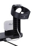 Black smartwatch charging stand with Apple Watch on a white background