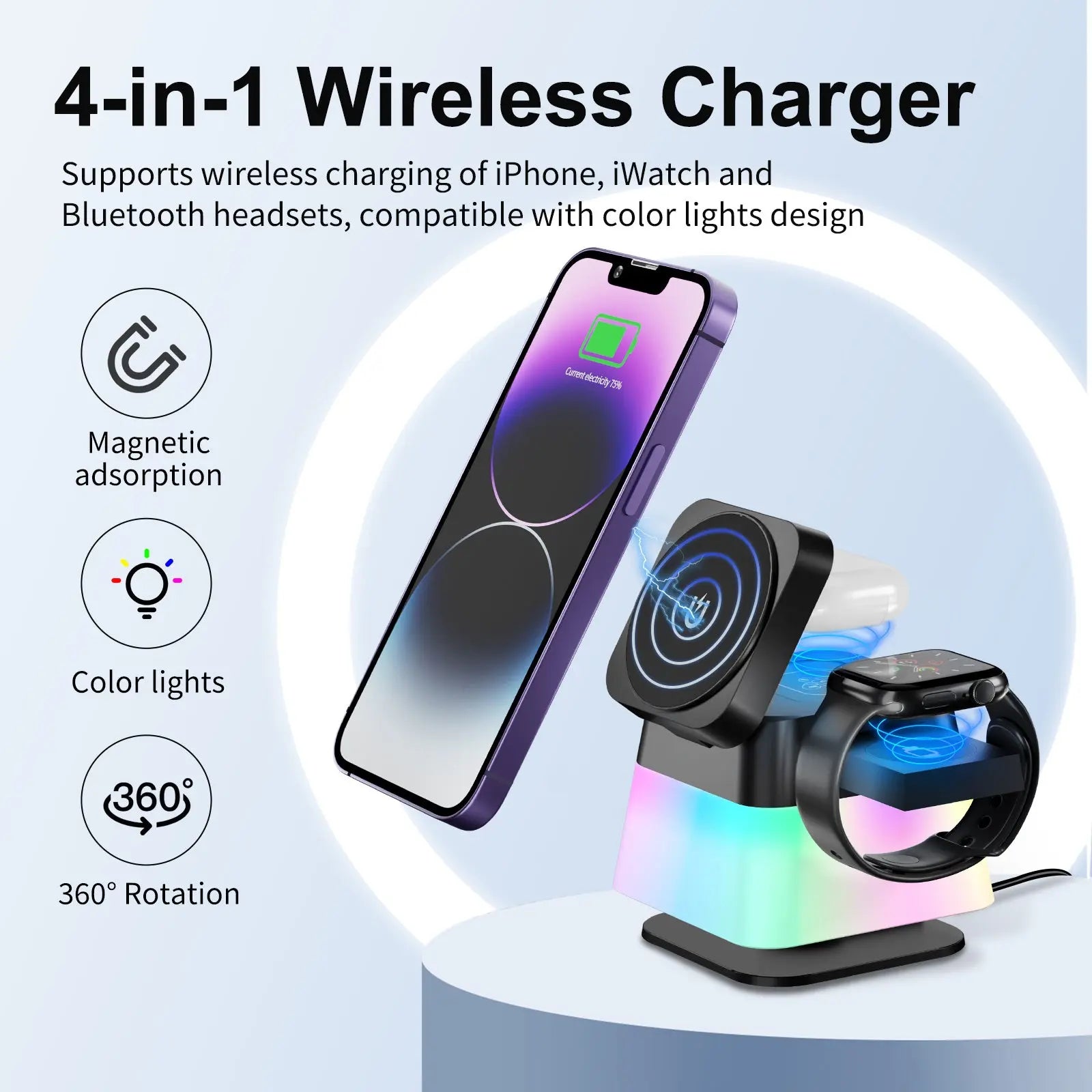 4 In 1 Rotatable Colorful Lighting Wireless Charger Stand For Phone 15 14 13 12 Pro Max 8 7 Holder Magnetic Fast Charging Station Charge Hub X