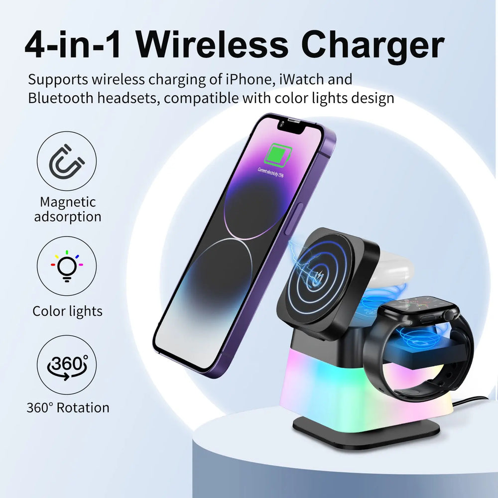 4 In 1 Rotatable Colorful Lighting Wireless Charger Stand For Phone 15 14 13 12 Pro Max 8 7 Holder Magnetic Fast Charging Station Charge Hub X