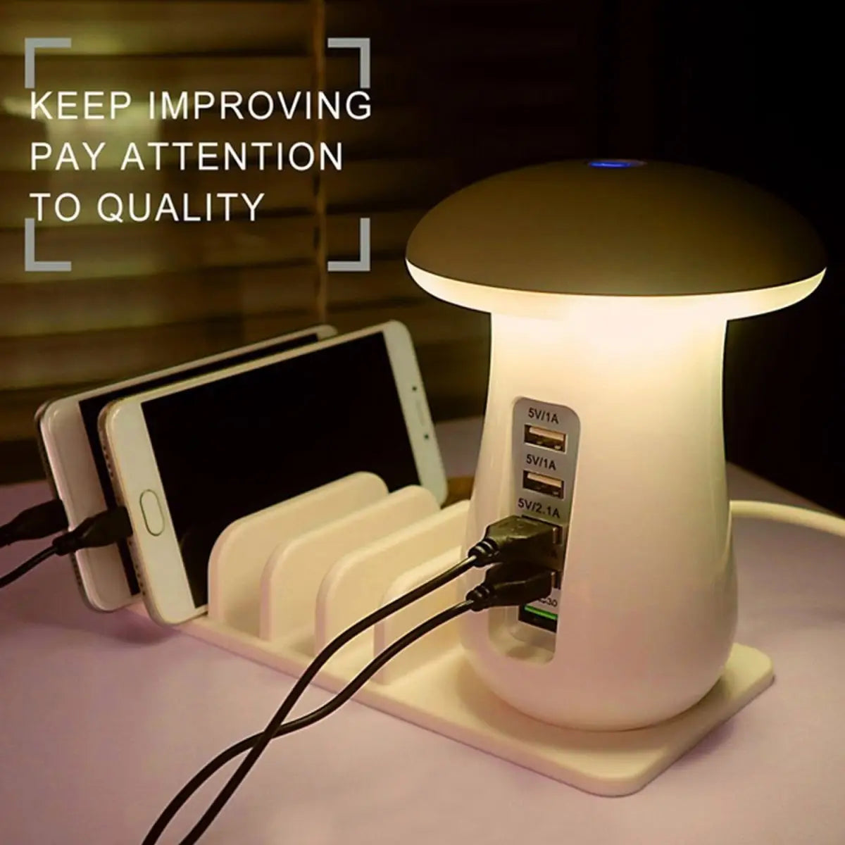 Mushroom-shaped night light with multiple USB ports charging a smartphone on a wooden surface.