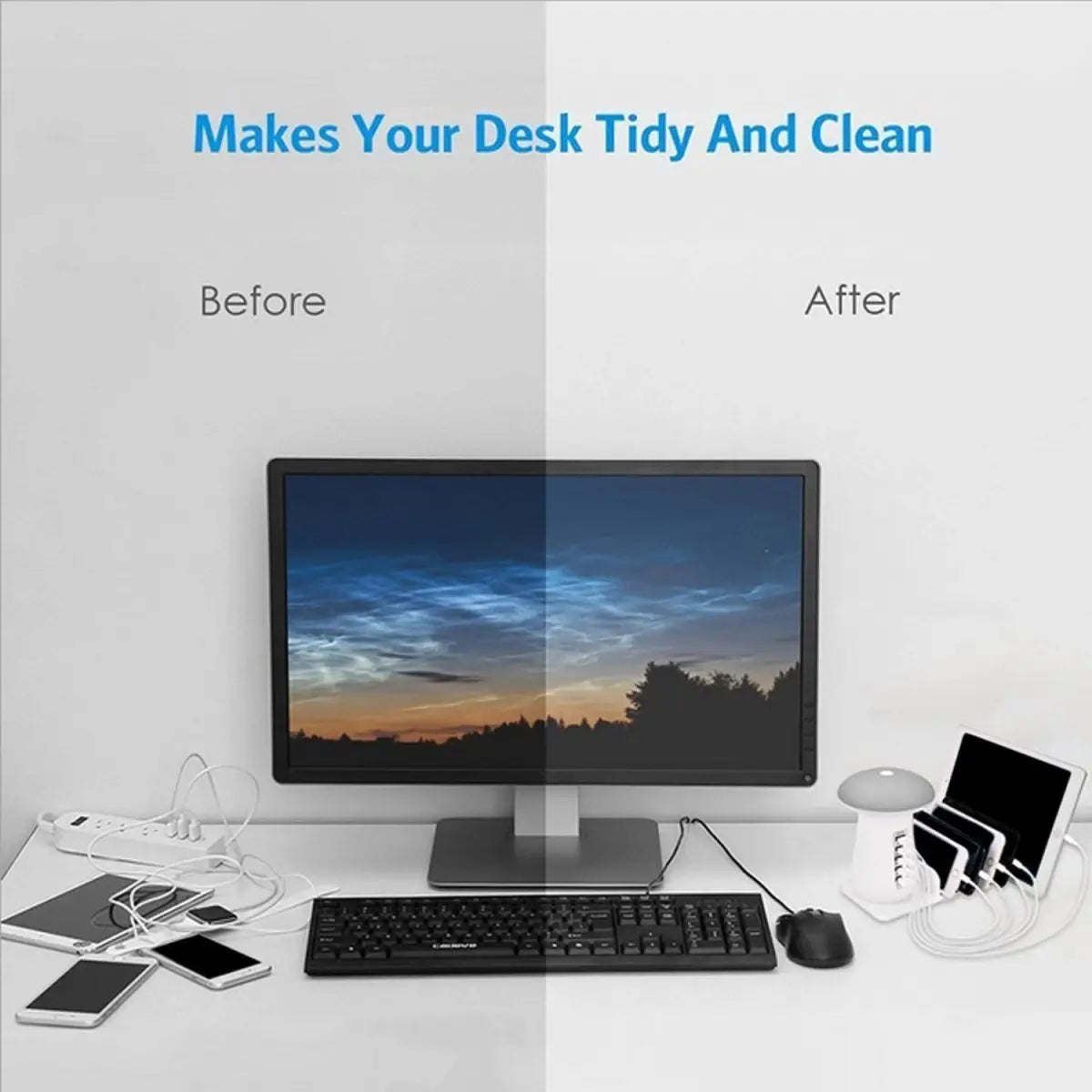 Comparison of a messy desk before and after using a product to tidy it up, with text 'Makes Your Desk Tidy And Clean'.