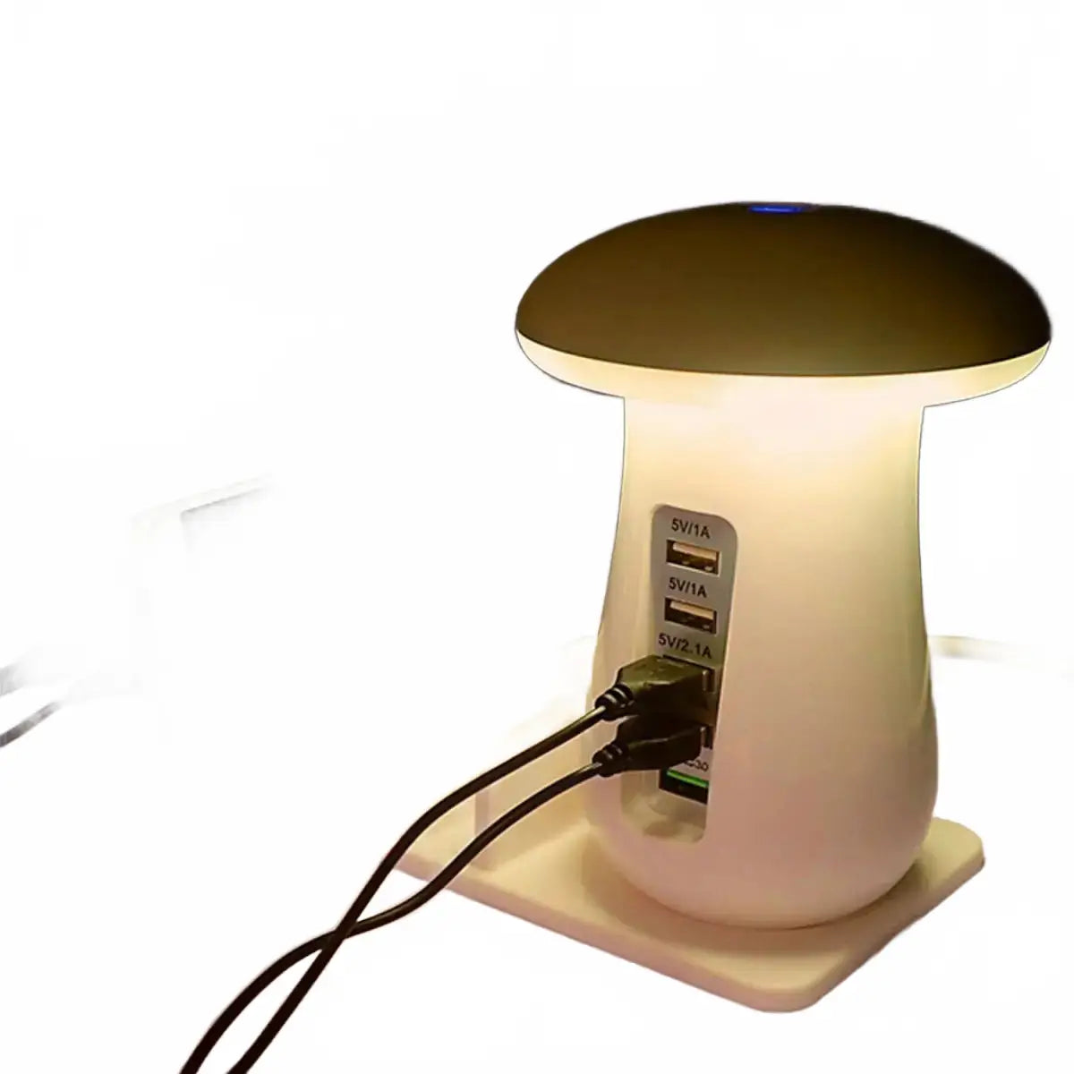 Mushroom-shaped night light with multiple USB ports charging a smartphone on a wooden surface.