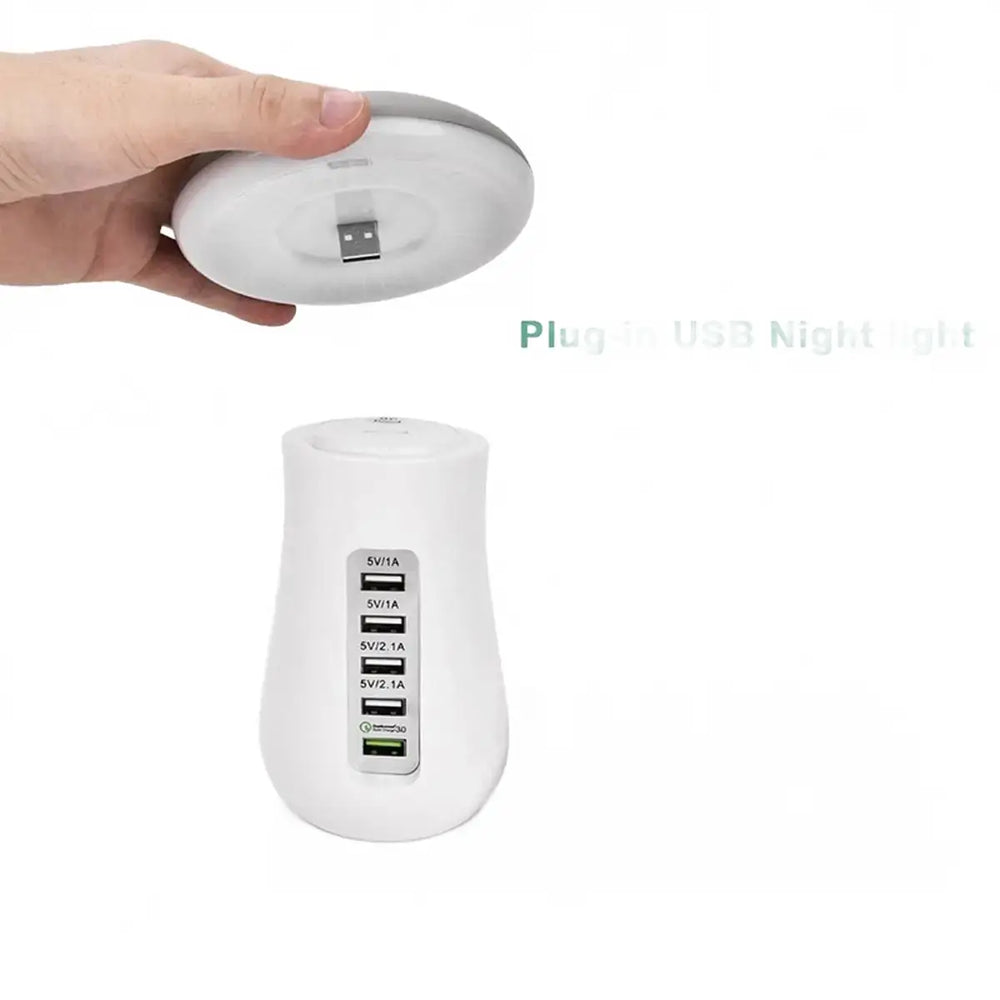 Plug-in USB night light with multiple USB ports on a white background