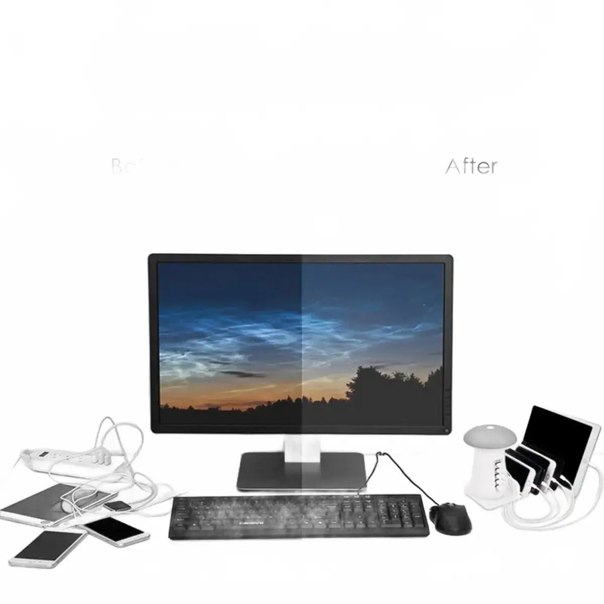 Comparison of a messy desk before and after using a product to tidy it up, with text 'Makes Your Desk Tidy And Clean'.