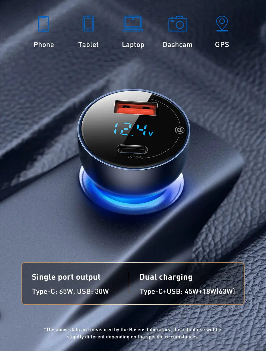 65W USB C Car Charger With Dual Ports Fast Charging Charge Hub X