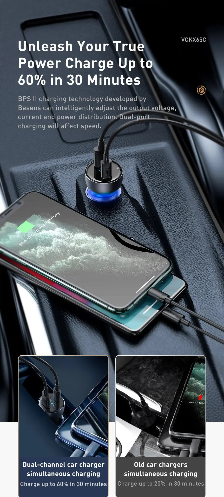 65W USB C Car Charger With Dual Ports Fast Charging Charge Hub X