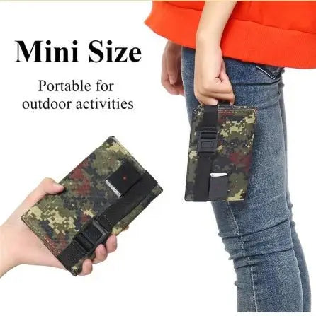 Camouflage wallet held by a person with text 'Mini Size, Portable for outdoor activities' on a white background.