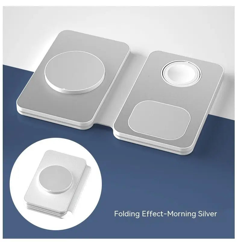 Metallic folding device with circular and rectangular components on a blue and gray gradient background.