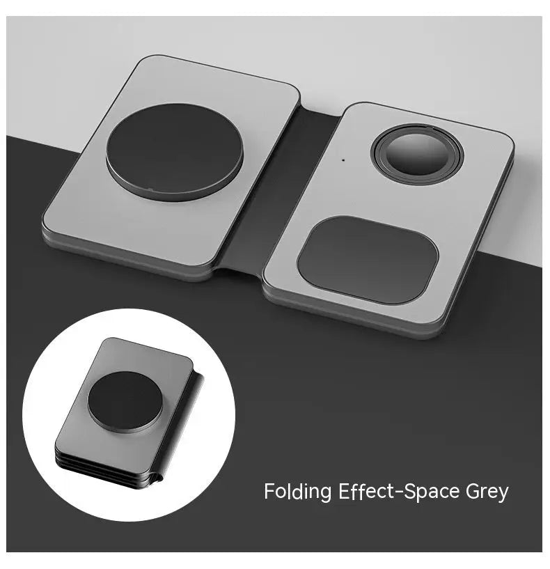 Space grey phone stand with a folding effect on a gray background