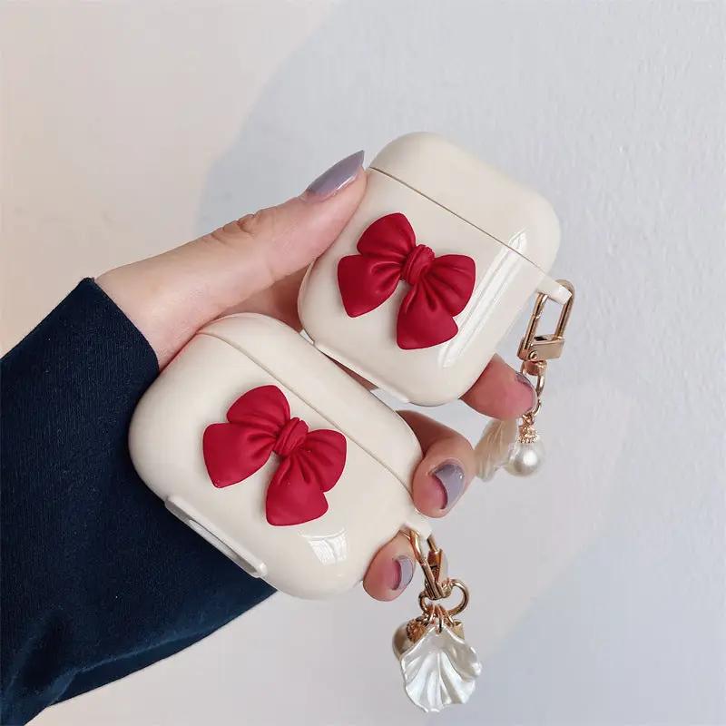 Beige Red Bow Shell Pendant Wireless Earphone Case Charge Hub X
