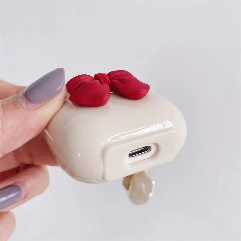 Beige Red Bow Shell Pendant Wireless Earphone Case Charge Hub X