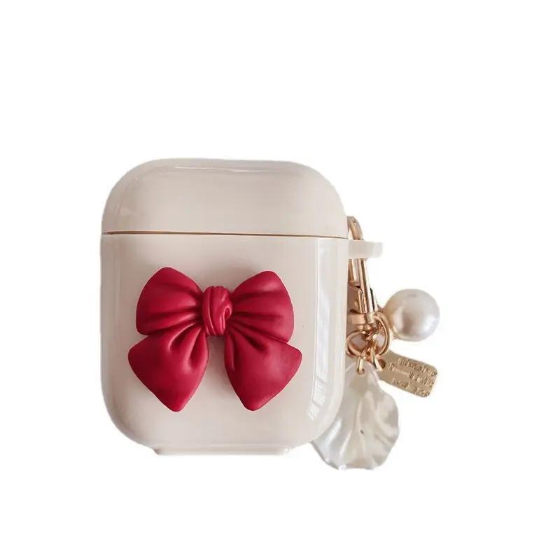 Beige Red Bow Shell Pendant Wireless Earphone Case Charge Hub X