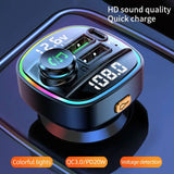 Car charger with digital display on a reflective surface, featuring text about HD sound quality, quick charge, colorful lights, QC3.0/PD20W, and voltage detection.