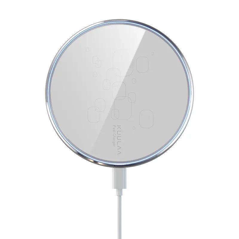 Round white device with blue rim on a white background