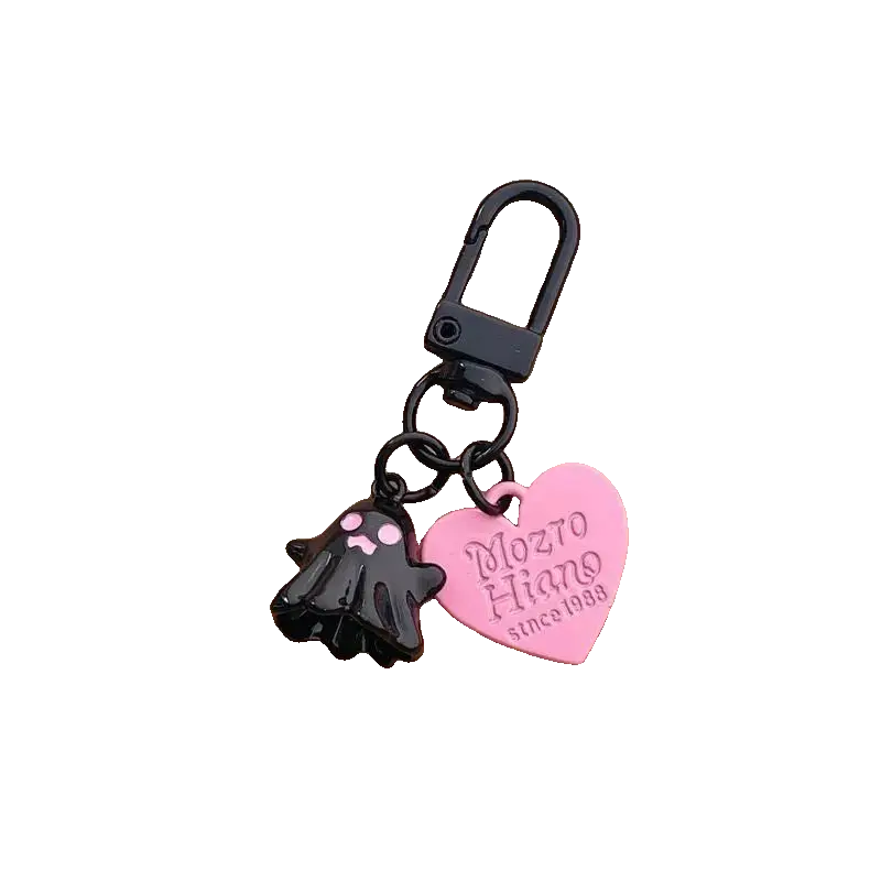 Keychain with black cat-shaped charm and pink heart-shaped tag on a white background