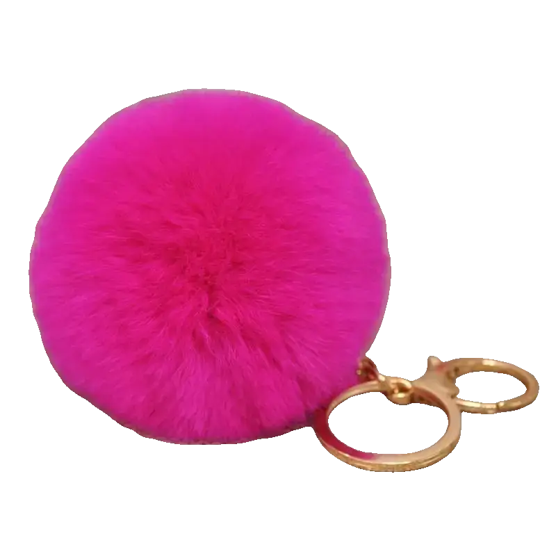Pink fluffy keychain with a gold ring on a white background