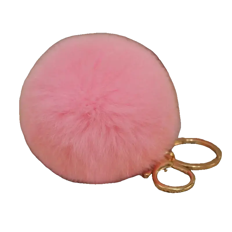 Pink fluffy keychain with a gold ring on a white background