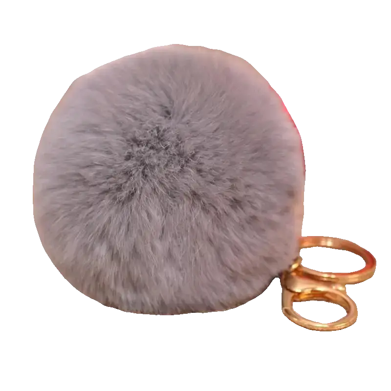 Gray fluffy keychain with a gold ring on a white background