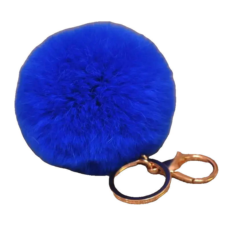 Blue fluffy keychain with a metal clasp on a white background