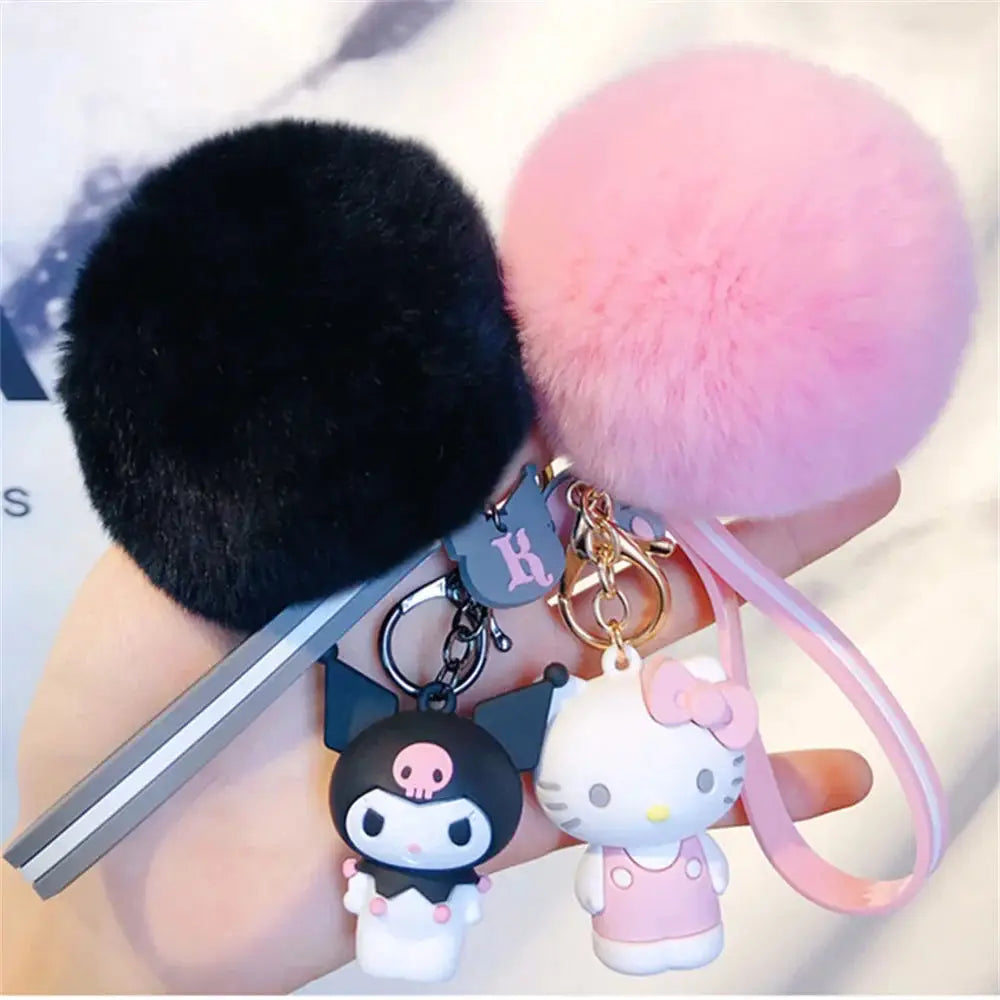 Cute Sanrio Kuromi Keychains with Fur Ball-1