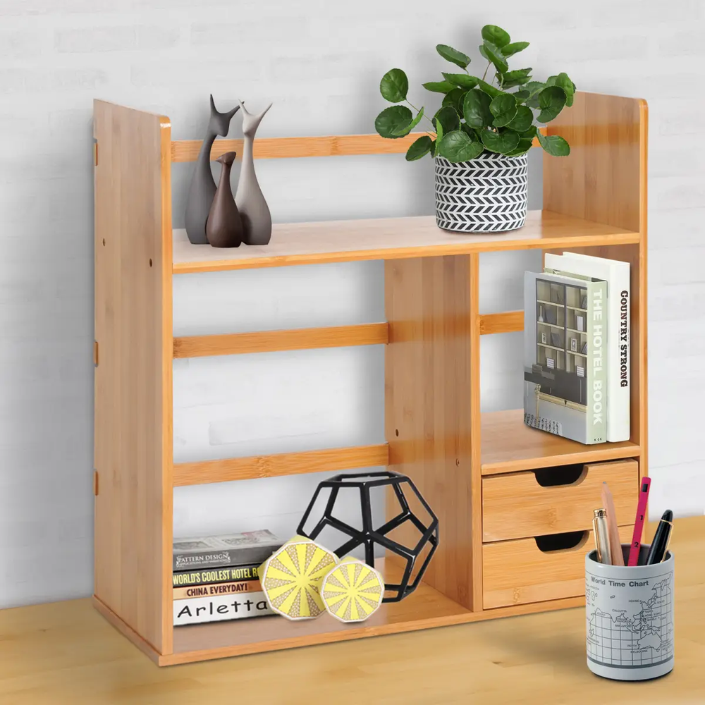 Desk Organiser Desktop Bookshelf 180 Degree Rotatable 2 Drawers Bamboo HOMCOM