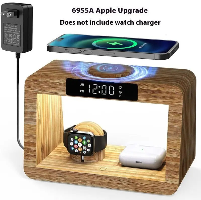 Multifunctional Bamboo Table Lamp Alarm Clock Wireless Charger - Charge Hub X