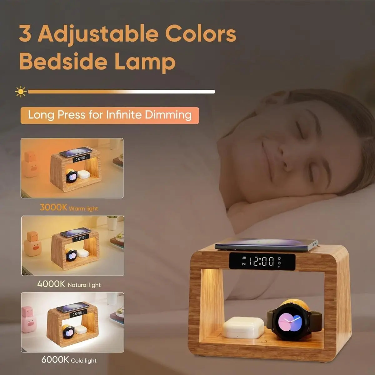 Multifunctional Bamboo Table Lamp Alarm Clock Wireless Charger - Charge Hub X