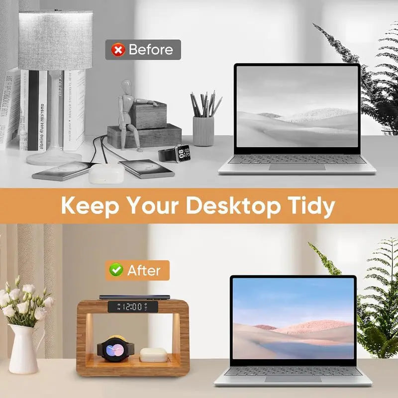 Multifunctional Bamboo Table Lamp Alarm Clock Wireless Charger - Charge Hub X