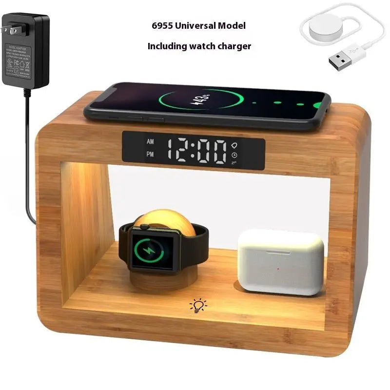 Multifunctional Bamboo Table Lamp Alarm Clock Wireless Charger - Charge Hub X