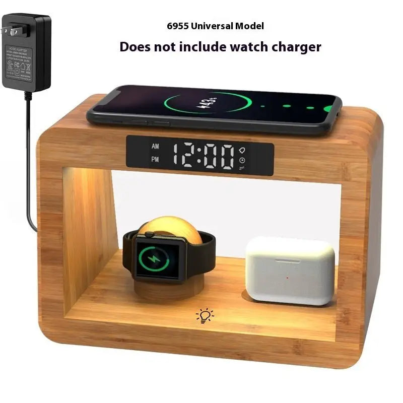 Multifunctional Bamboo Table Lamp Alarm Clock Wireless Charger - Charge Hub X