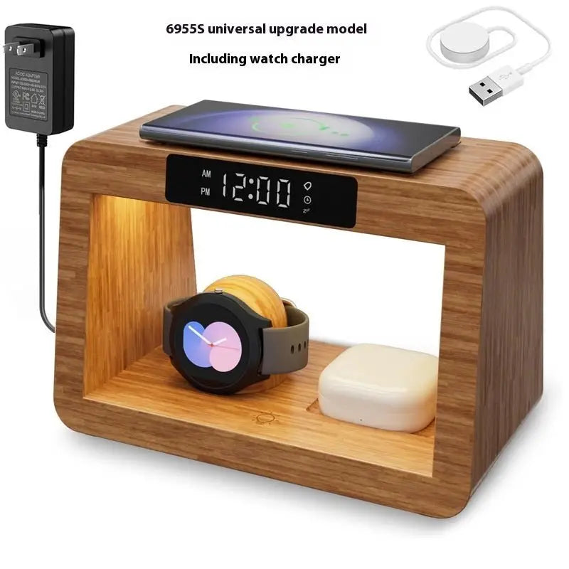 Multifunctional Bamboo Table Lamp Alarm Clock Wireless Charger - Charge Hub X