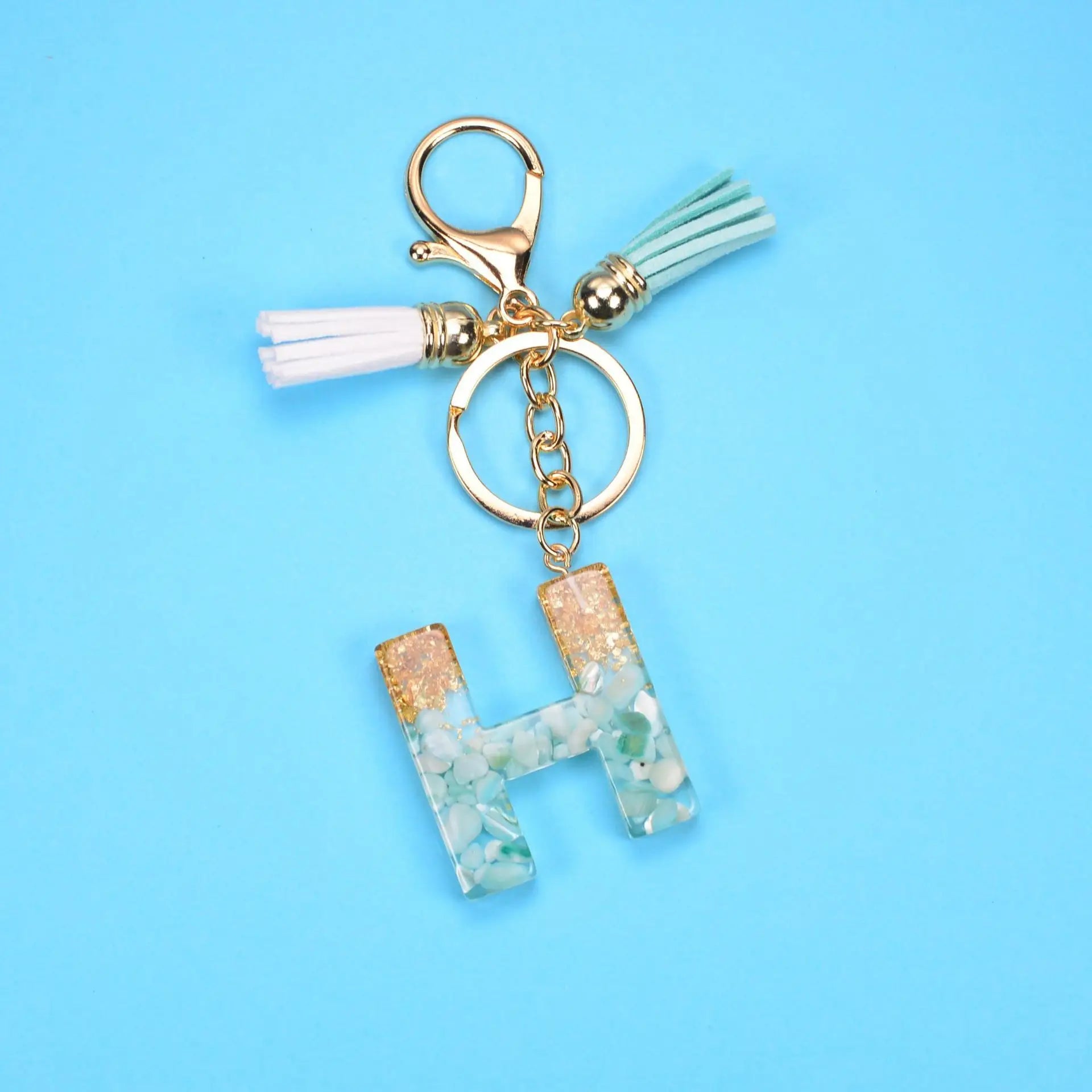 English Alphabet Keychain Tassel Pendant Stone Gold Foil Resin Key Charge Hub X